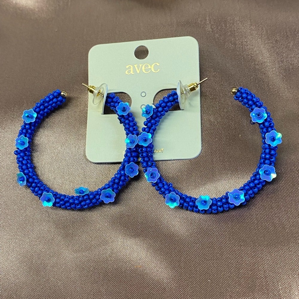 Avec Blue Floral Beaded Hoop Earrings
